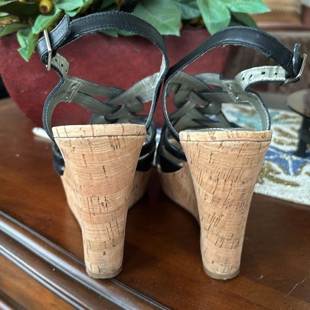 Guess Genuine Leather Black Multi-Strap Wedges Slingback Heeled Sandals Strappy